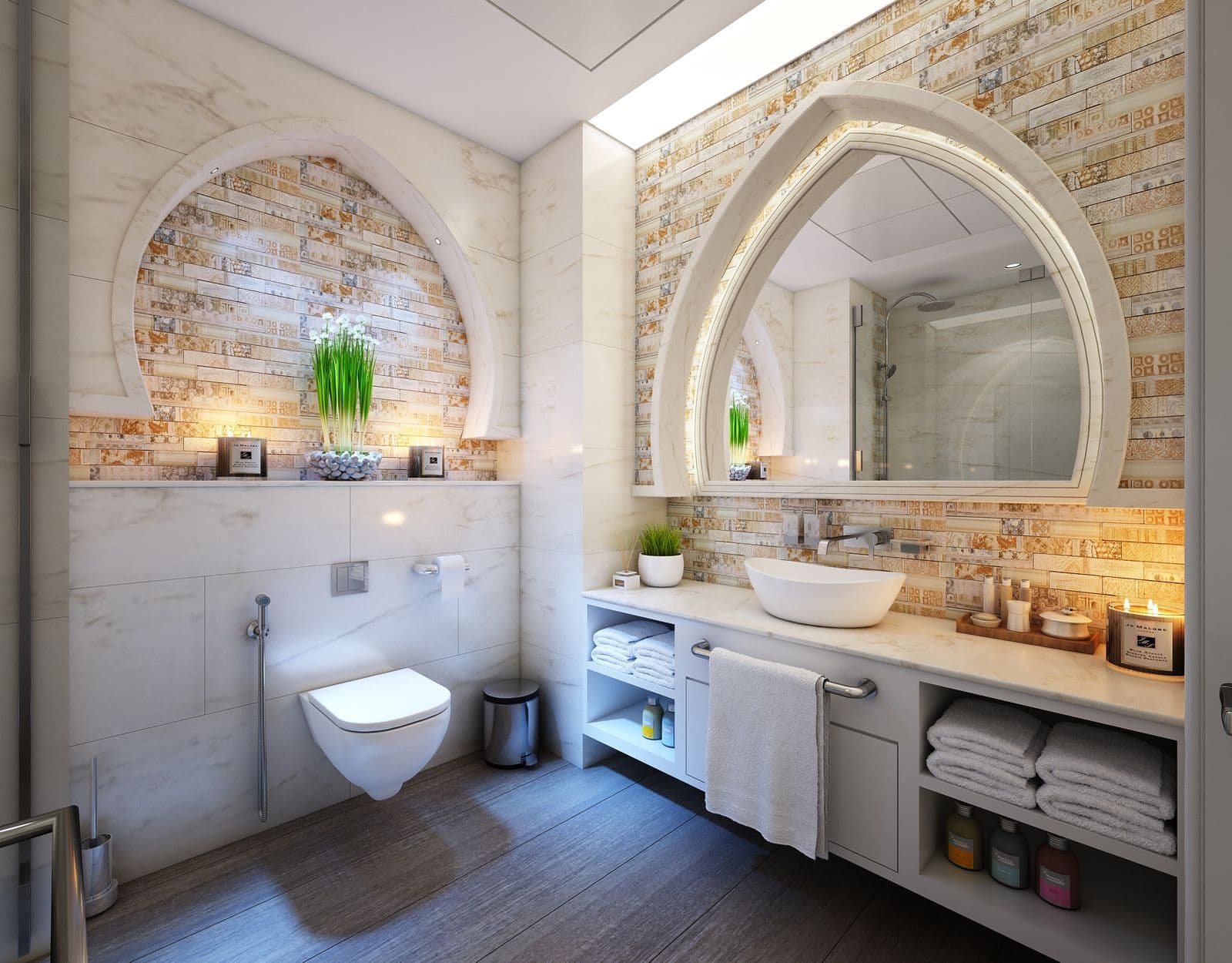 Luxury bathroom with marble, vessel basin and wall-hung WC