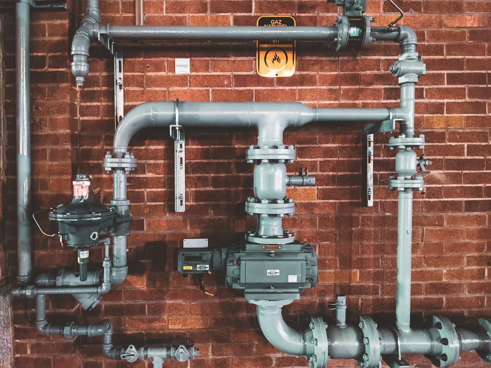 Gas and heating pipework on a brick wall with valves and a meter