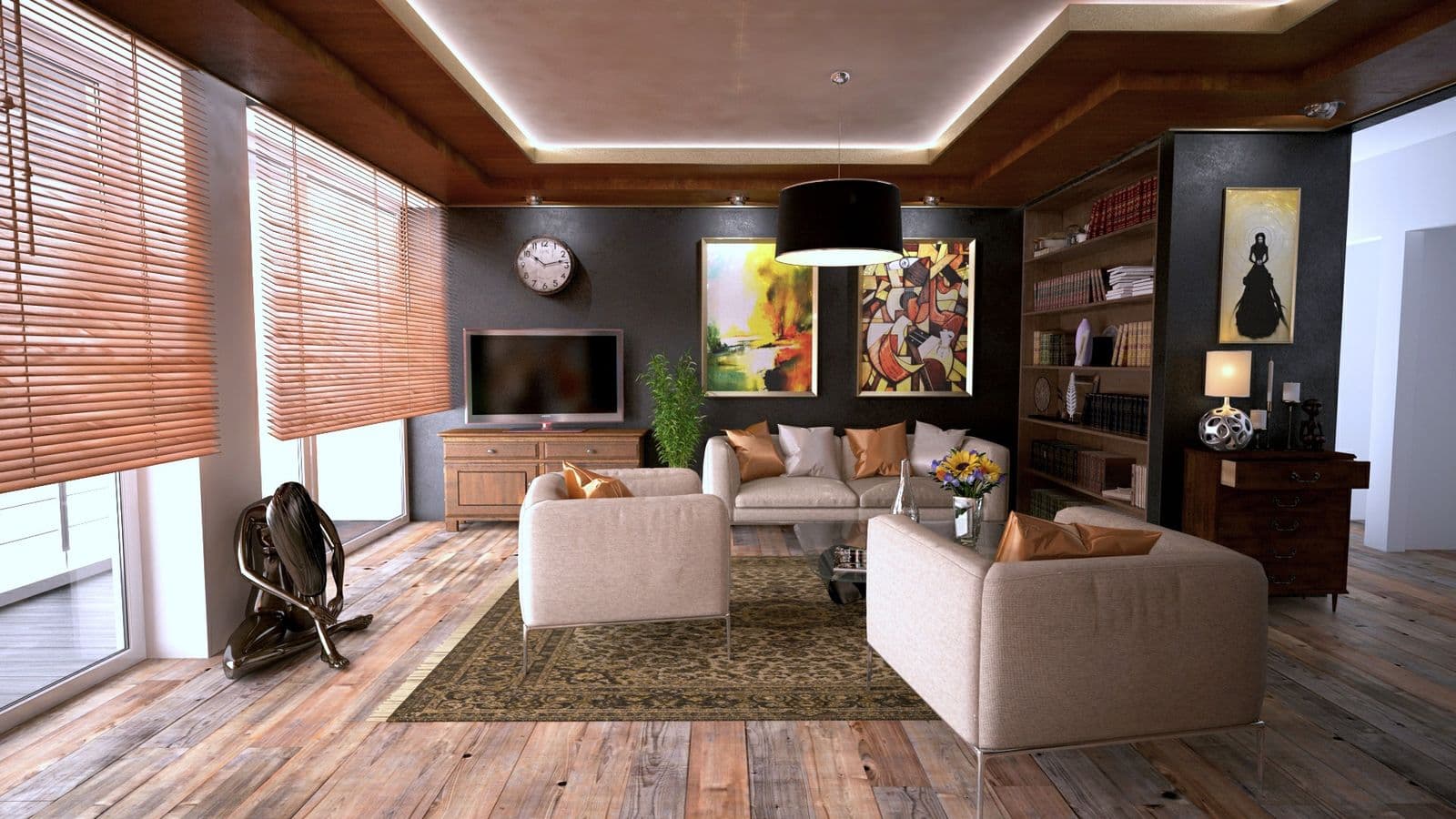 Warm-toned living room used to stand in for a completed underfloor job